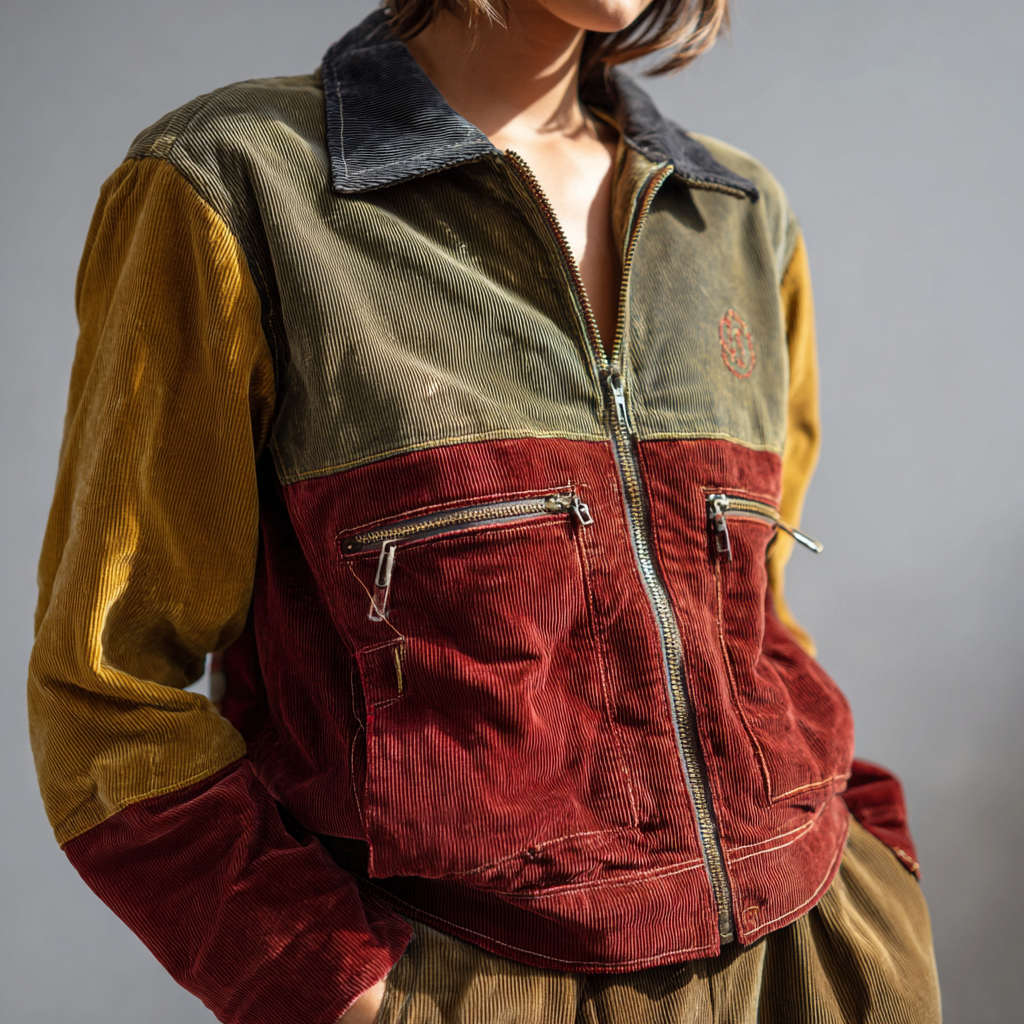 Giacca Vintage in Velluto a Coste Con zip e Tasche Anteriori