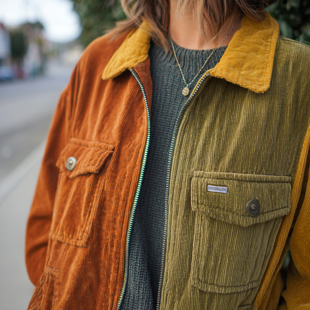 Giacca Vintage in Velluto a Coste Con zip e Tasche Anteriori