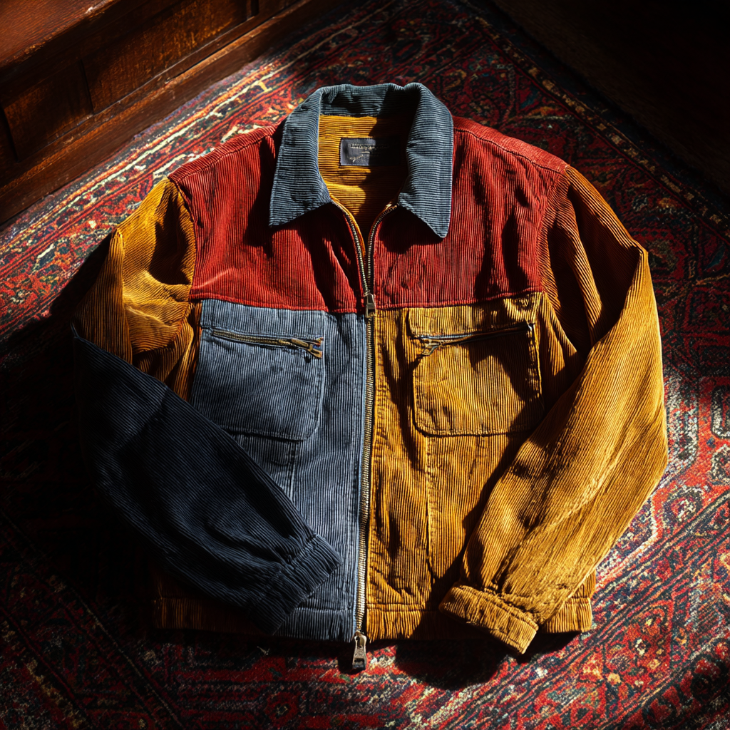 Giacca Vintage in Velluto a Coste Con zip e Tasche Anteriori